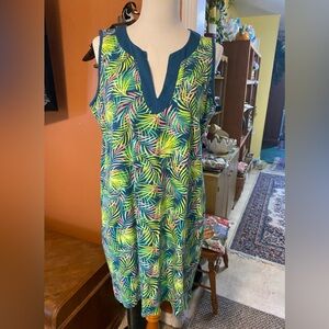 Lands' End Tropical Palm Print Top in Teal with Neon Accents